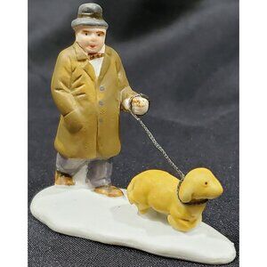 Lemax MAN WALKING A DOG Christmas Village accessory figure brown puppy dachshund